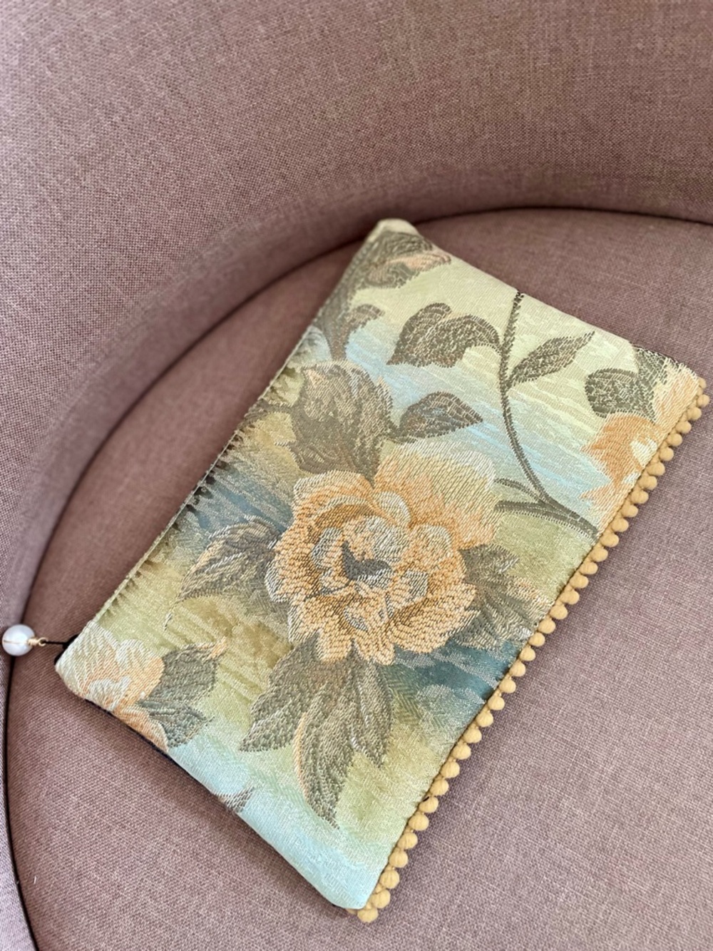 Floral Tapestry Clutch with Pom Trim - Sage, Gold, Blue